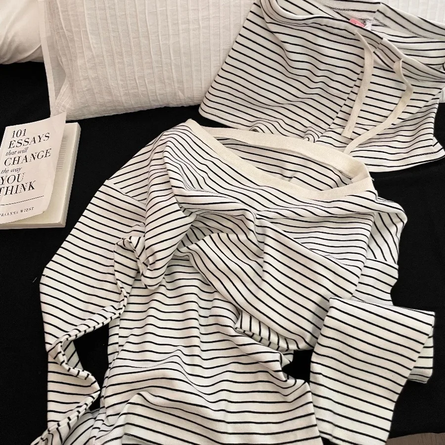 Women's Pajamas, Stripe Print Pajamas Suit, Slash Neck Casual Suit, 2025