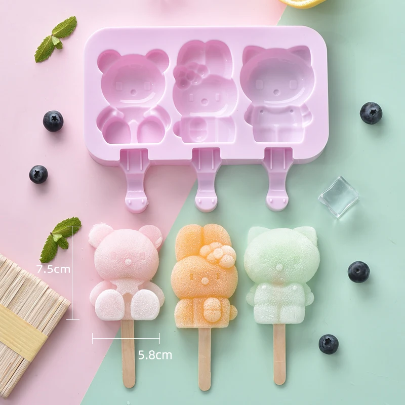 Kawaii Cartoon KT Shape Silicone Ice Cream Mold with cover Ice Tray Popsicle Homemade DIY Tool with sticks DIY Baking Tools