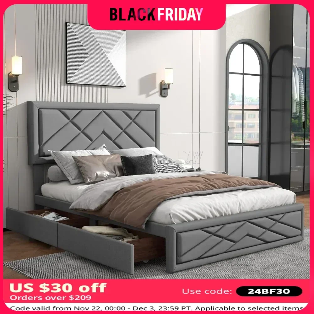 Queen Bed Frame with Headboard & 2 Storage Drawers, Bed Frame with Wooden Slats Support, No Box Spring Needed，Platform Bed Frame