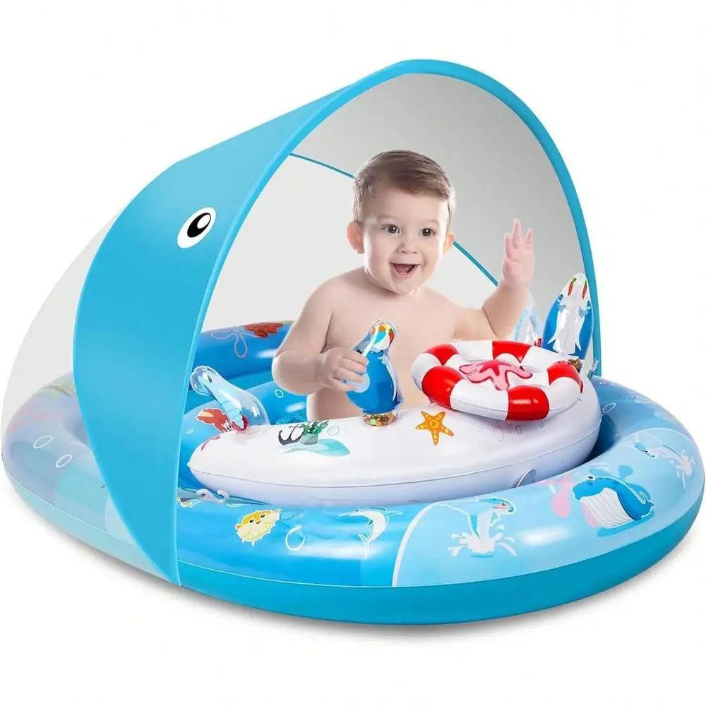 

Pool Float,Dual Air Chambers Baby Pool Float With Canopy UPF50 Sun Protection And Ocean Animal Toys For Baby 636 Months