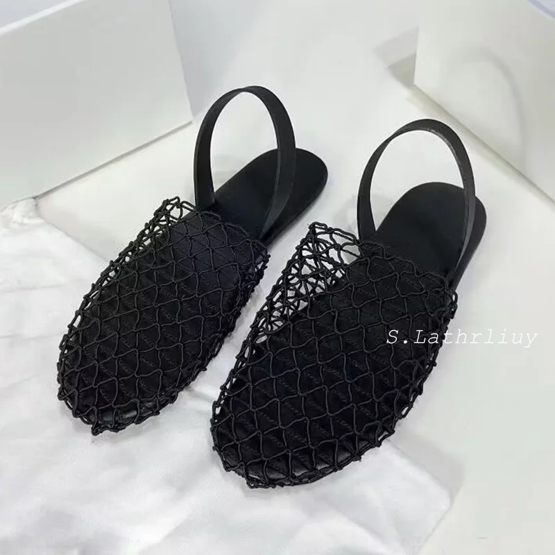 Summer Mesh Hollow Out Woven Flat Bottom Slippers Women Breathable Back Strap Solid Color Sandals Female Casual Vacation Shoes