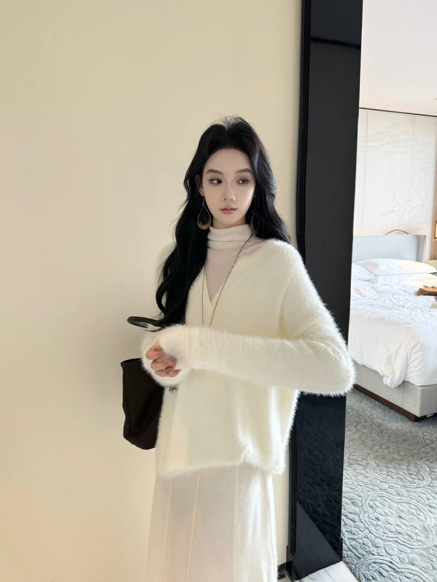 

Ladies' Lazy Sle Knitted Sweater White Innerwear Outerwear Fall Winter New Arrival Comfortable Soft V-Ne Long Sve Top