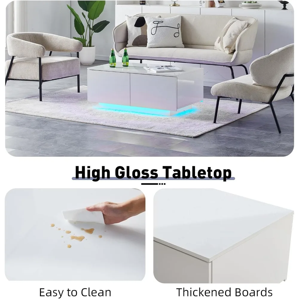 Coffee Table with 4 Drawers, LED Lights & Power Strip Modern Minimalist Rectangle Coffee Table for Home Living Room Office (Whi