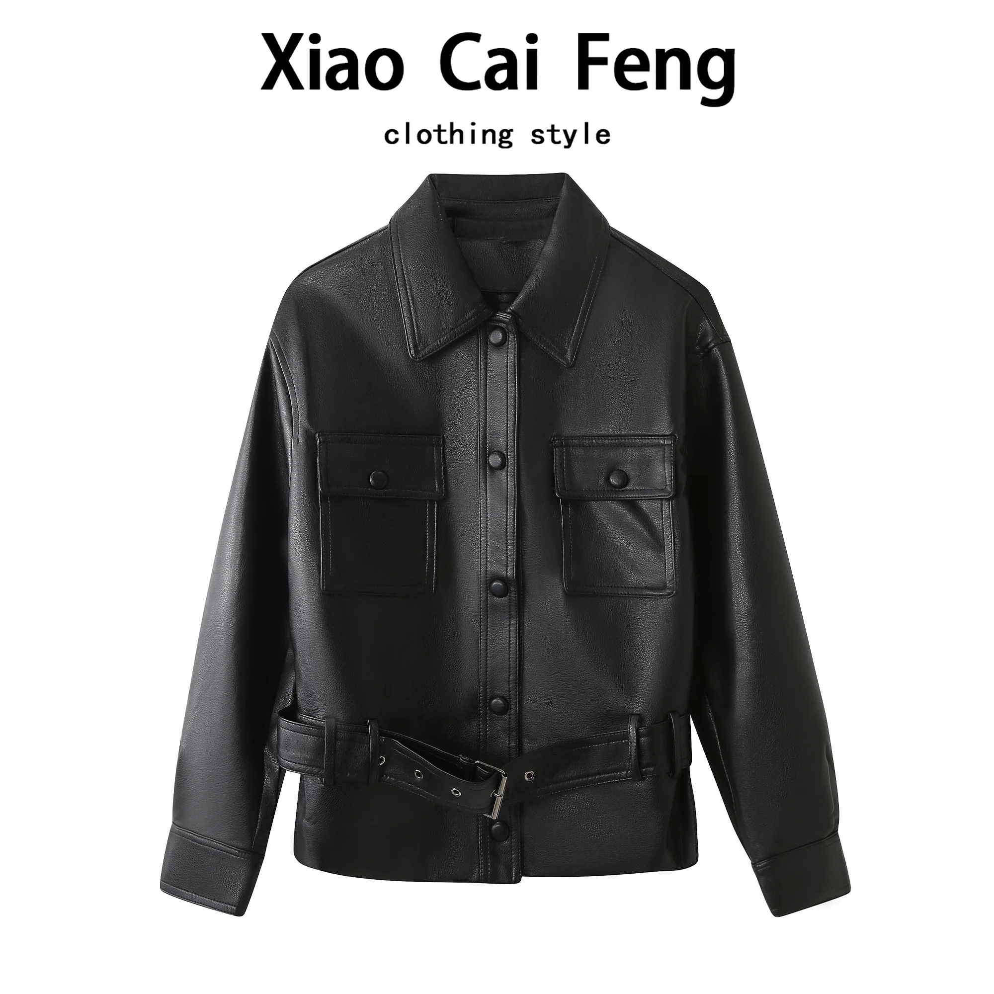 Ele PU-Leder Biker Jaet Damen Faion Abnehmen Single-Button Taille-Cinching Frühling Herbst Sli Top