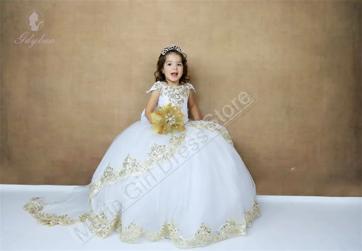 Robe blanche élégante à fleurs pour filles, adaptée aux mariages, avec des appliques en dentelle dorée, longue traîne, tenue d'anniversaire pour enfants