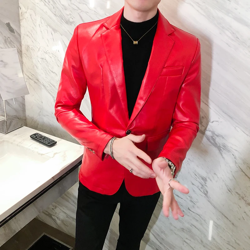 Autumn New Leather Suit Coat Korean Slim Suit Jacket SolidColor Winter Windproof Warm Leather Jacket Fashion Trend Mens Clothing