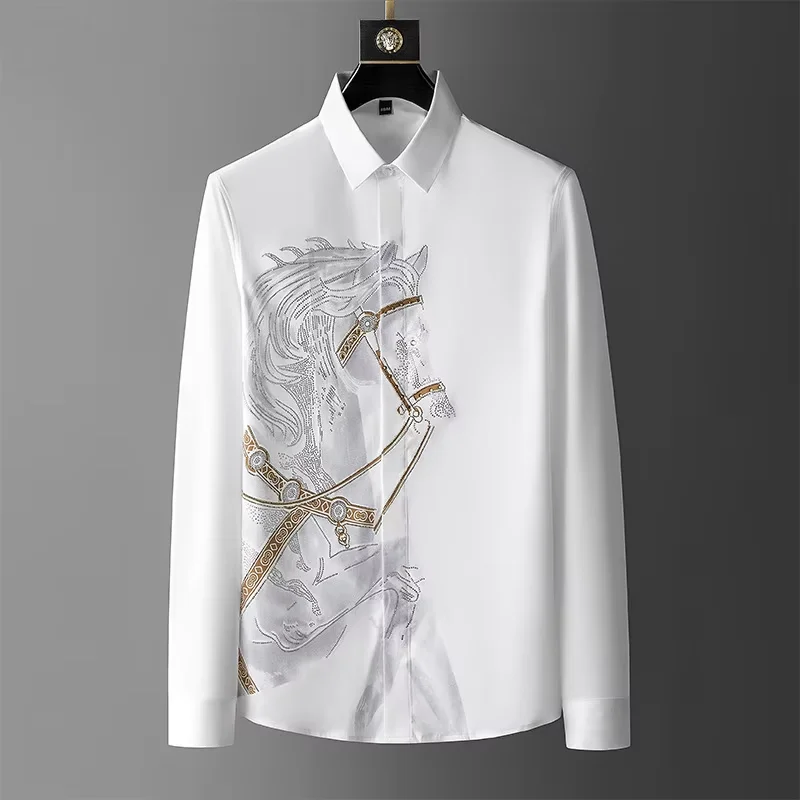Men's Long Sleeve Shirt with Print And Rhinestones Slim Fit Iron-Free Anti-Wrinkle Casual Male Fashion