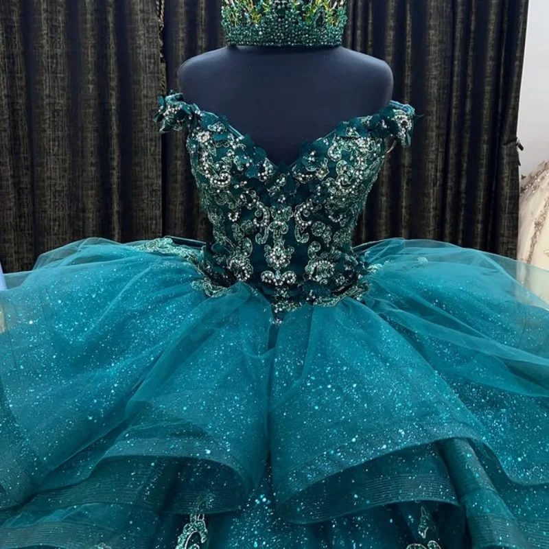 

Блестящее темно-зеленое платье Quinceanera с блестками и открытыми плечами, кружевное многослойное платье с длинным хвостом, Vestidos De 15, Quinceanera ﻿ Настроить