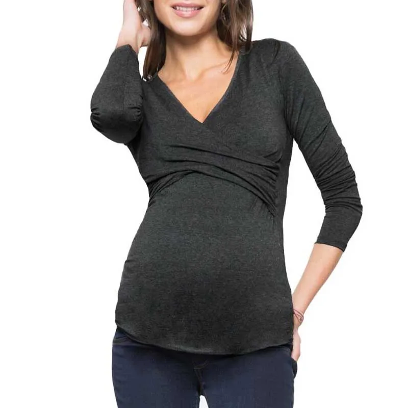 V-neck Maternity Nursing Tops Pregnant Women Long Sleeve Undershirt  Breastfeeding Clothes