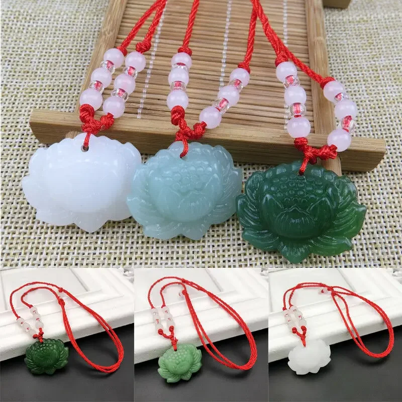 

Natural Green Jade Lotus Pendant Beads Necklace Charm Jewellery Fashion Accessories Hand-Carved woman Luck Amulet Gifts