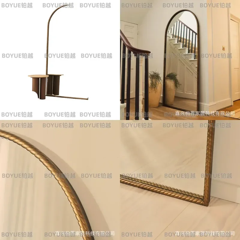 French Retro Wrought Iron Arched Floor Mirror with Beads Full Length Standing Mirror for Living Room Bedroom Cloakroom Decor