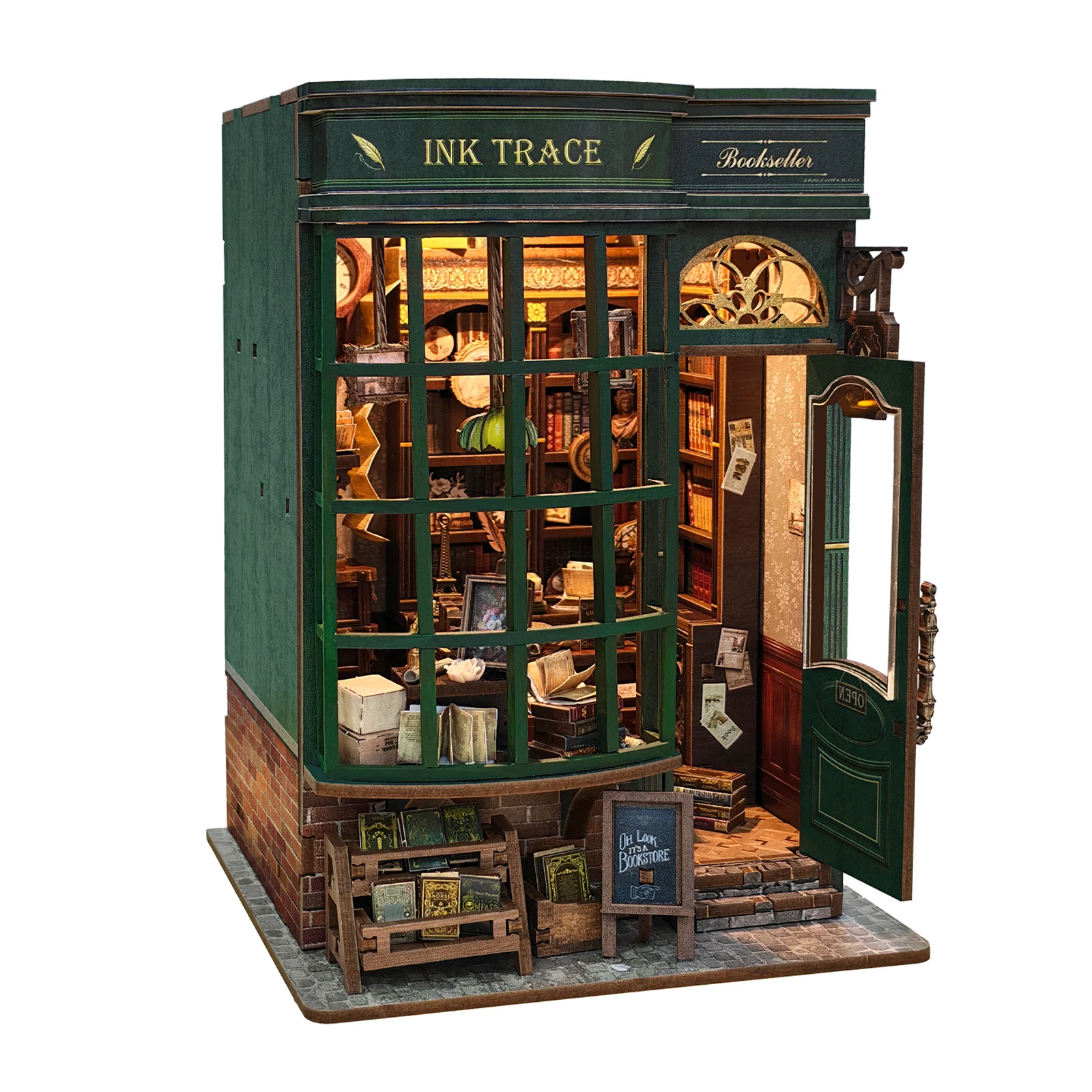 DIY Wooden Ink Trace Bookstore Figurines Miniatures Kits Assembled Houses Casa for Friends Birthday Gifts Home Decor Crafts