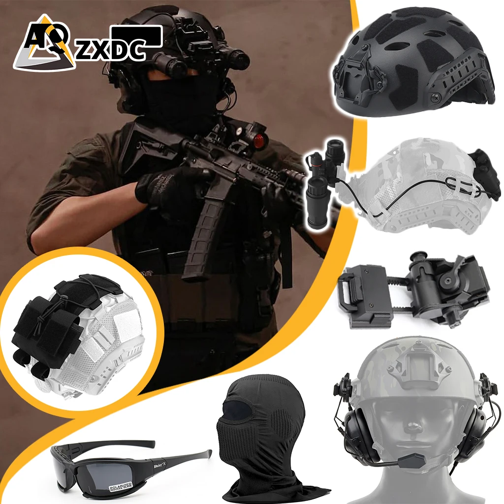 

Airsoft tactical binocular helmet set with Breathable full face mask, Communication headphone, Multicam camo helmet cover, L4G24