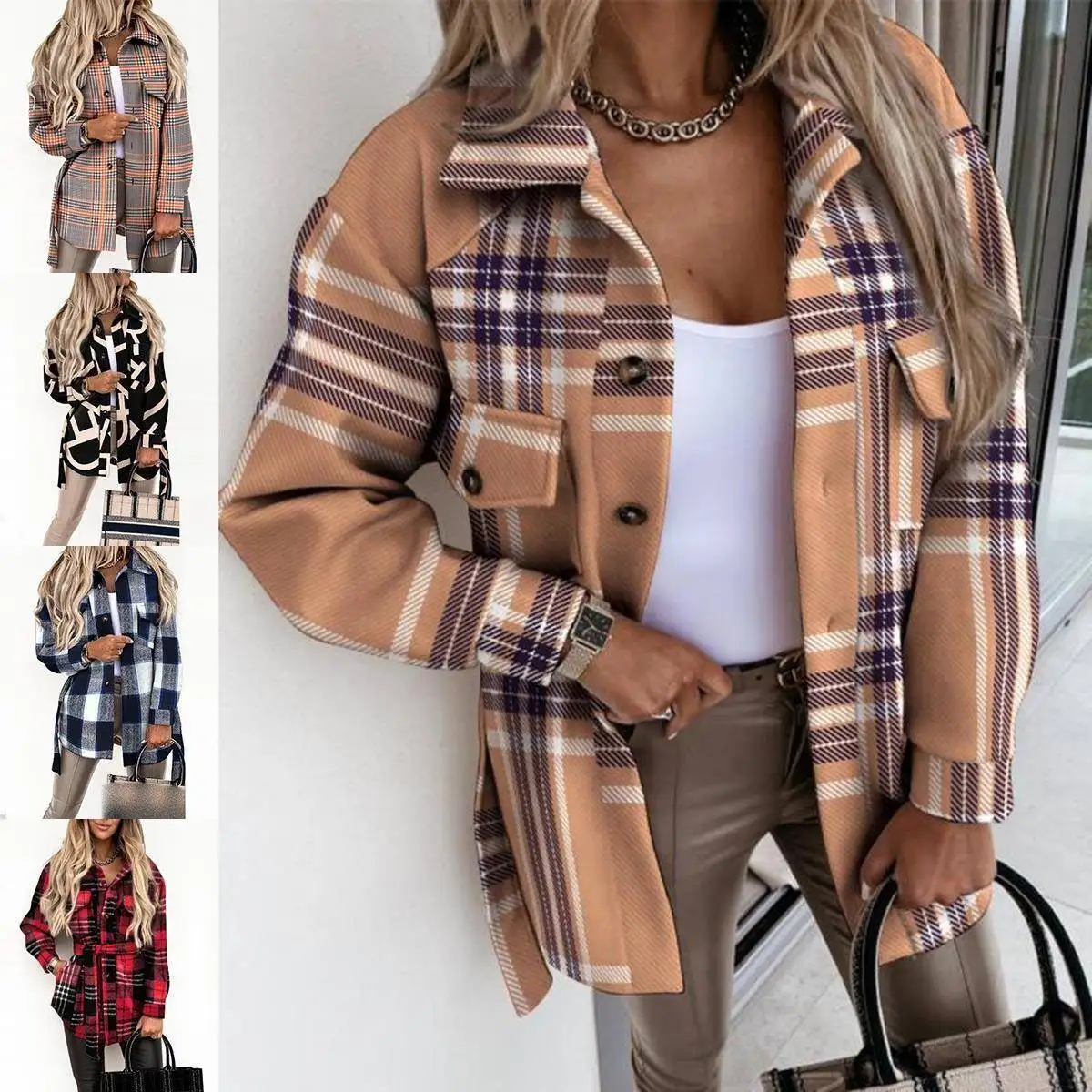 

Faionable Plaid Print Woolen Coat Autumn Winter New Sle Belted Women's ort Coat Long Sve Straight Body Fit