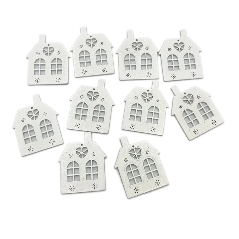 

10PCS Wooden Christmas Ornaments Unfinished Wooden Christmas Trees House Cutouts Christmas Hanging Decoration Craft Gift Tags