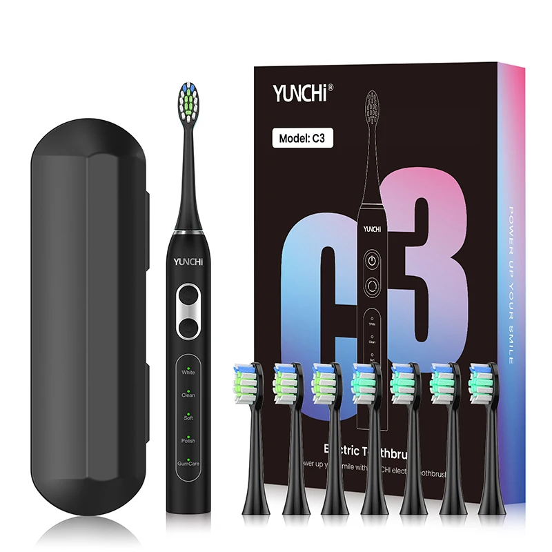 Yunchi Sonic Electric Toothbrush for Adult 5 Modes Rechargeable Usb Charging Waterproof Teeth Brush with 8Pcs Brush Head