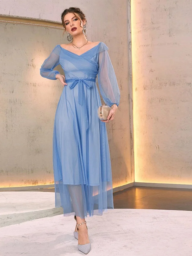 

Women Casual Elegant Midi Dresses 2023 New Spring Autumn Mesh Off Shoulder Long Sleeve Belted Turkish Evening Party Robe Vestido