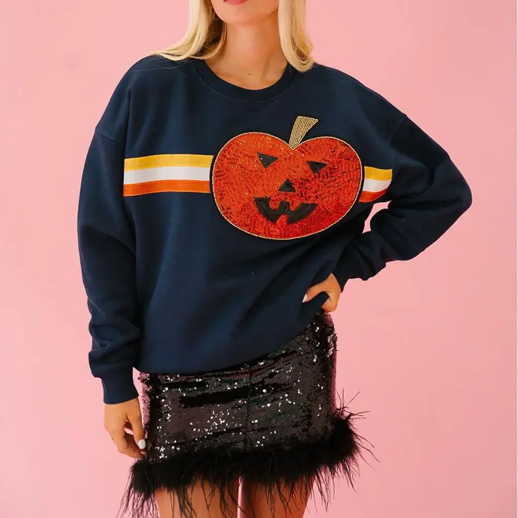 Women’s Y2K Halloween Sweatshirts Gothic Sequined Ghost/Pumpkin/Cone Embroidery Long Sleeve Pullover Hoodies Tops