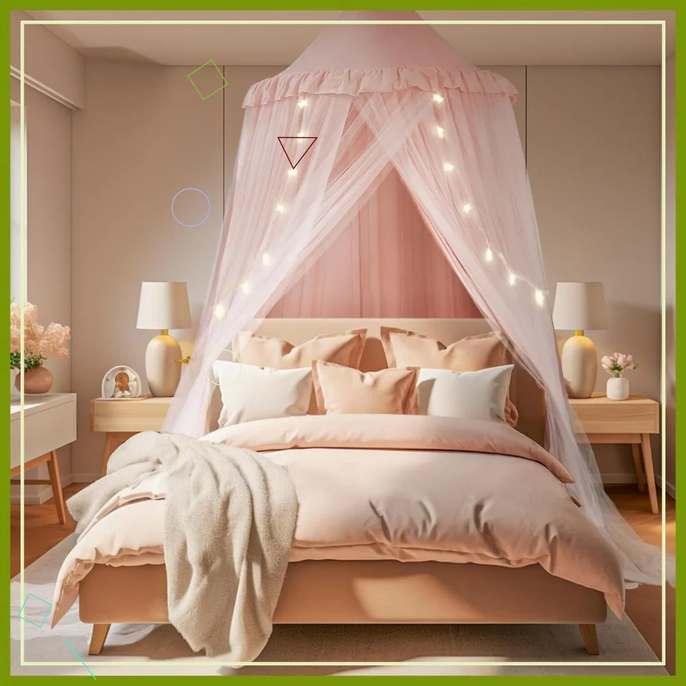 Double Layer Princess Bed Canopy with Star Lights, Breathable Pink Tent for Girls Room, Machine Washable 40x106