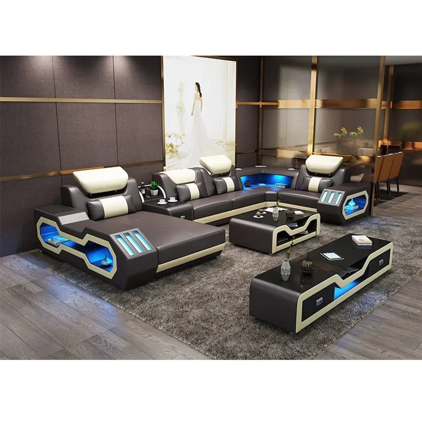 Luxury Living Room Sofa Italian Genuine Leather Couch with Bluetooth Speaker,USB and LED Light +Coffee Table, TV Stand