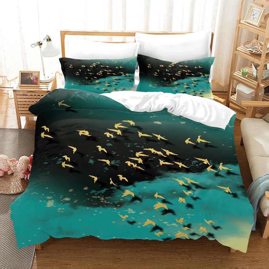 HUANZHUANG Soft Simple Gold Swallow Theme Comforter Cover And Matching Pillowcases Duvet Cover Set Bedding Polyester Qulit Cover