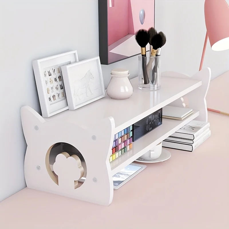 

Adorable Cat Ear Monitor Stand Riser with Storage Shelves - PVC Desktop Organizer | Lightweight, Freestanding, No Assembly