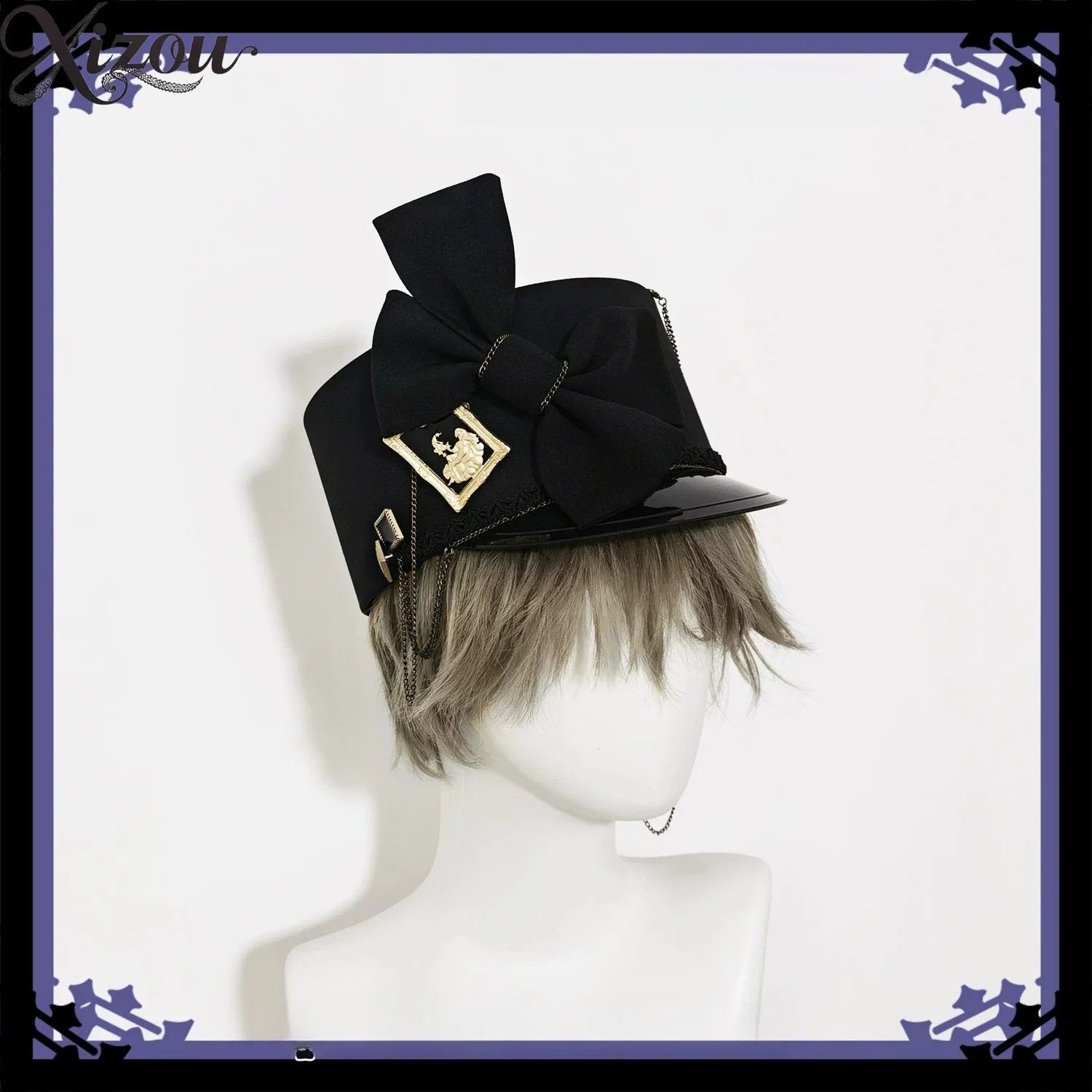Black Ouji Lolita Prince Hat Vintage Bow Chain Tassel Decor Gothic Retro Cosplay Costume Head Accessory Brim Lace Cosplay Cos