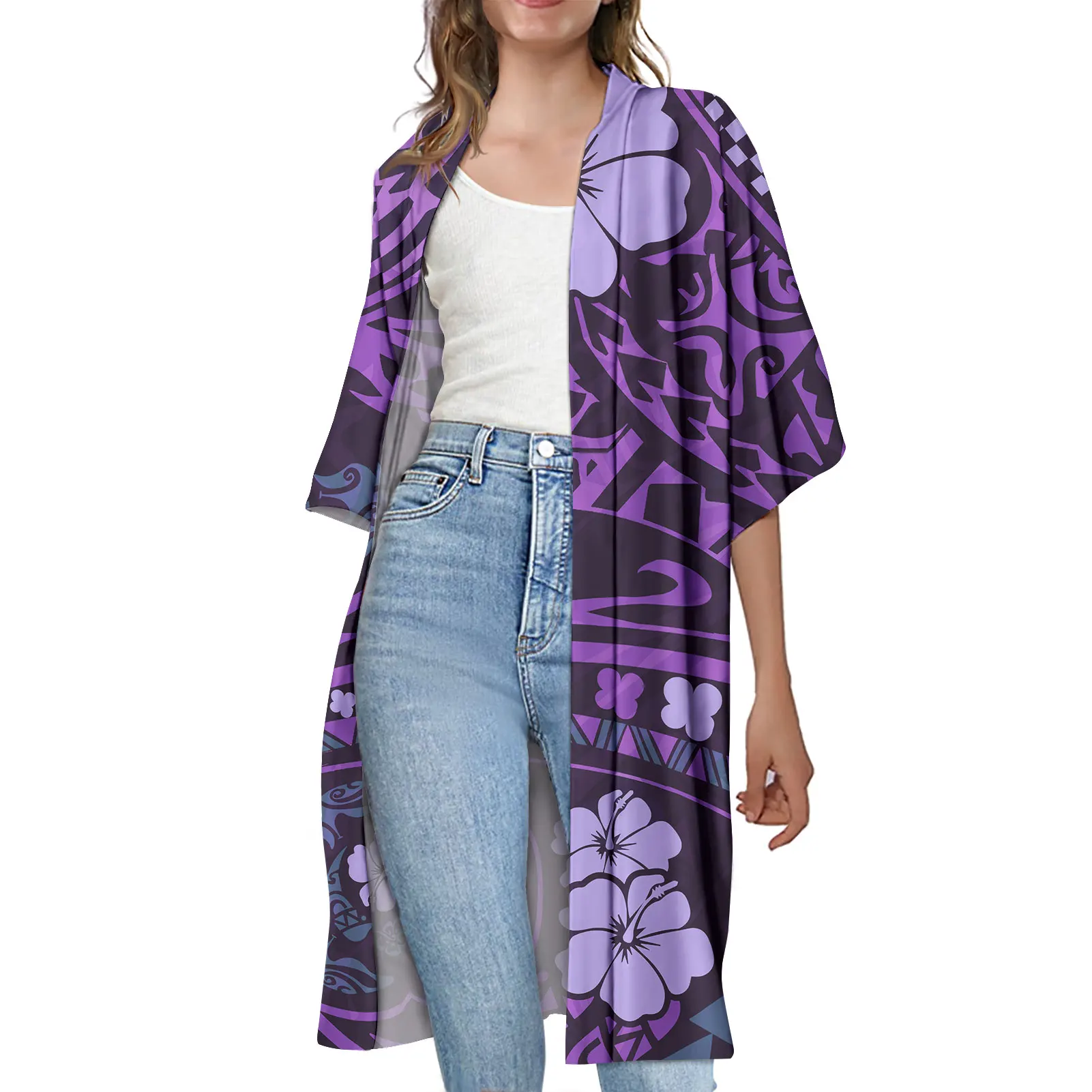 Luxury Design Samoan Tattoo Purple Women Cardigan Trench Coat Polynesian Ethnic Style Female kimono Cardigan Long Coat 1 MOQ