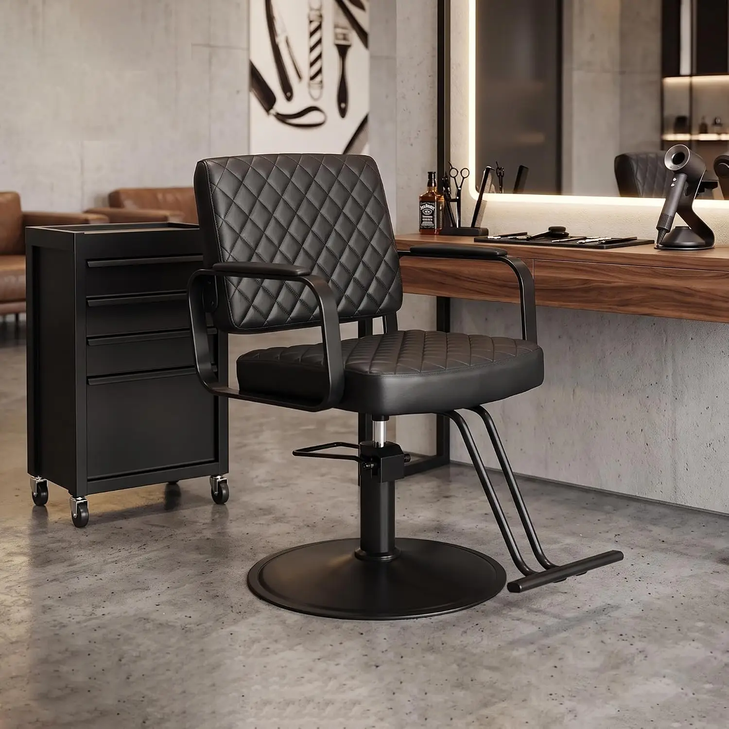360° Rotatable Salon Chair with Footrest & PU Cushion, Black, Customized