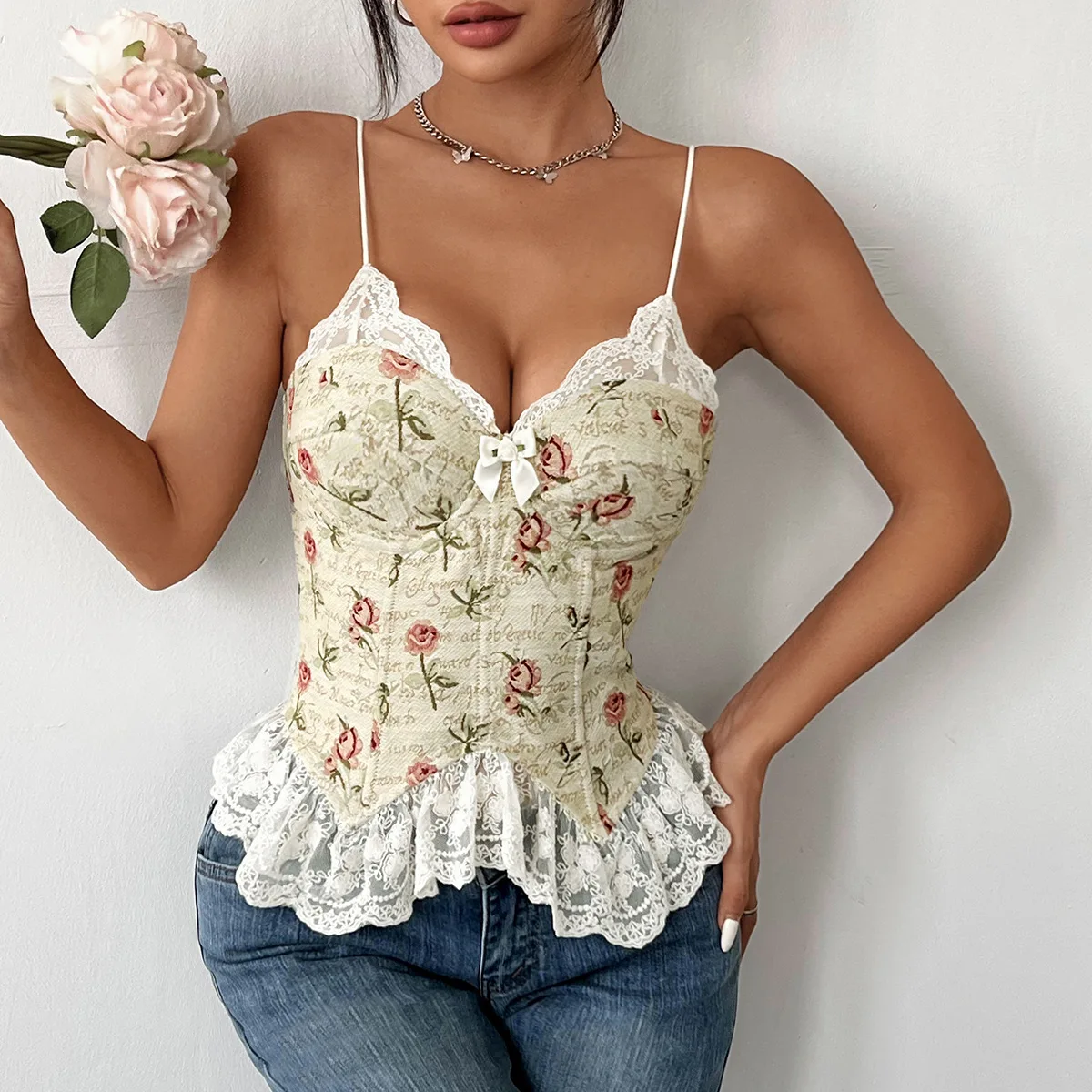 

Spaghetti Straps Crop Tops Sexy Women Vintage Floral Sleeveless Cami Lace Mesh Corset Summer Streetwear Slim Tank Top Bones Vest