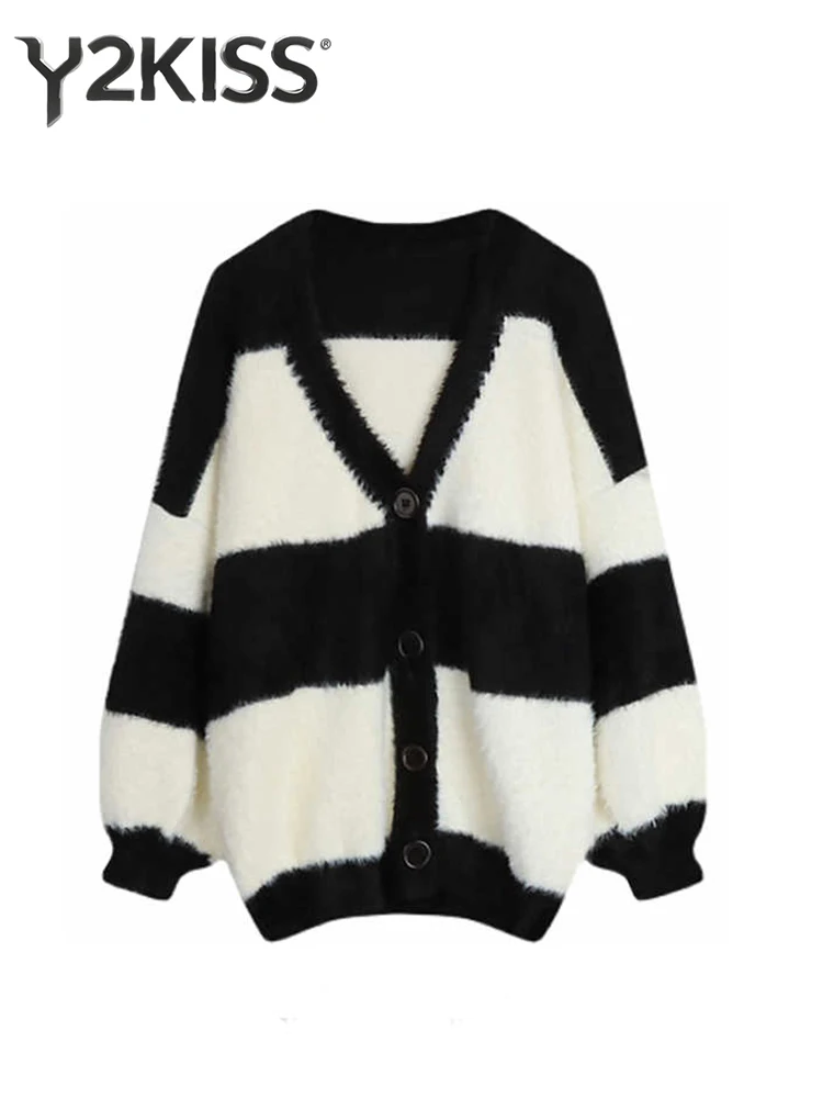 

2025 Autumn Winter Women Korean Fashion Oversize Striped Cardigan Jacket Long Sleeve Cuddly Sweater Mohair Knitwear 2000s New