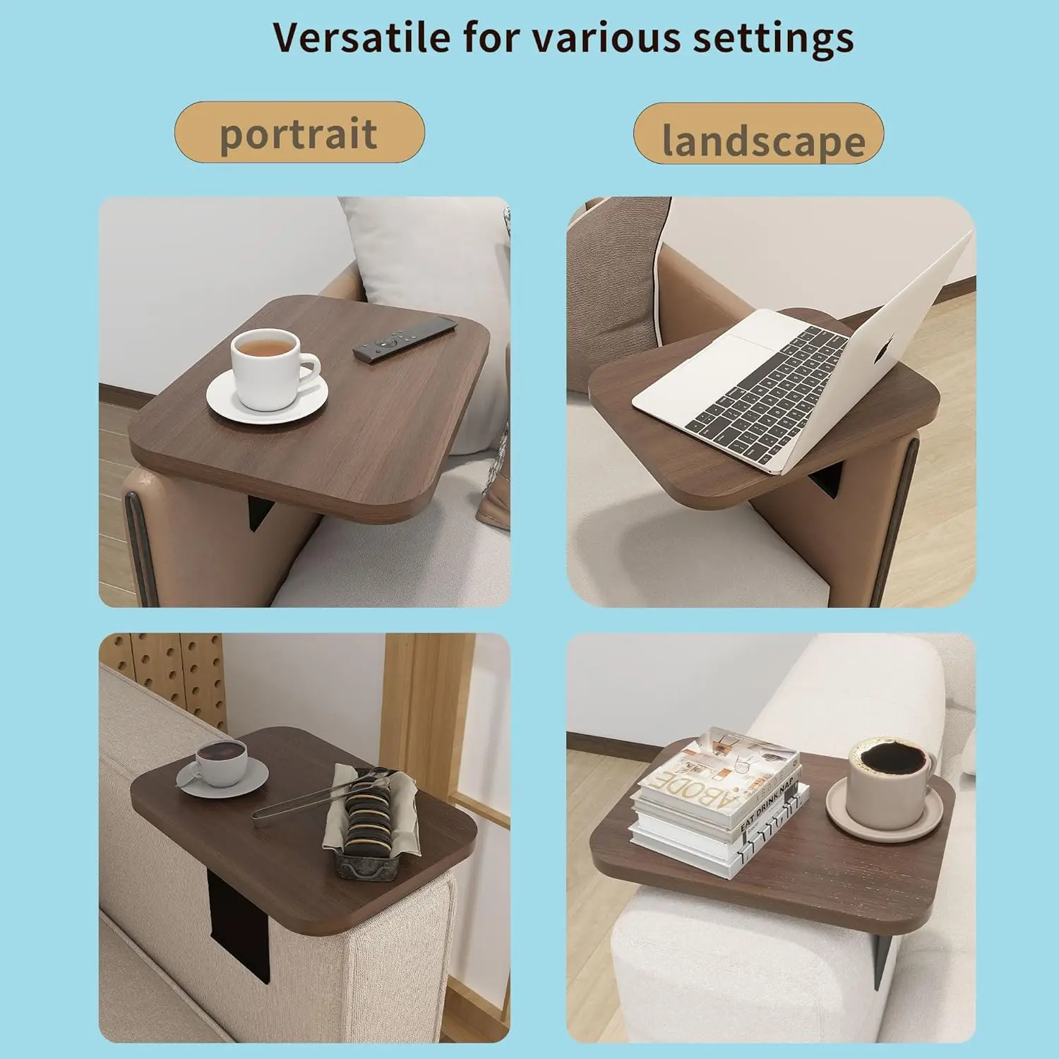 ！@Combohome Wooden Couch Arm Table Tray Acacia Clip on Sofa Arm Tray for Couch Sofa Wooden Sofa Table Tray with Folding Legs