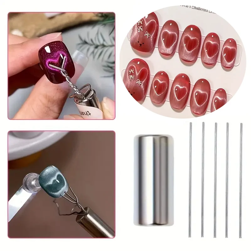 6Pcs Cat Eye Nail Magnet Set with Flexible Iron Wire Create Precise Heart Ingot Shapes with Soft Iron Wire Nail Art Accessories