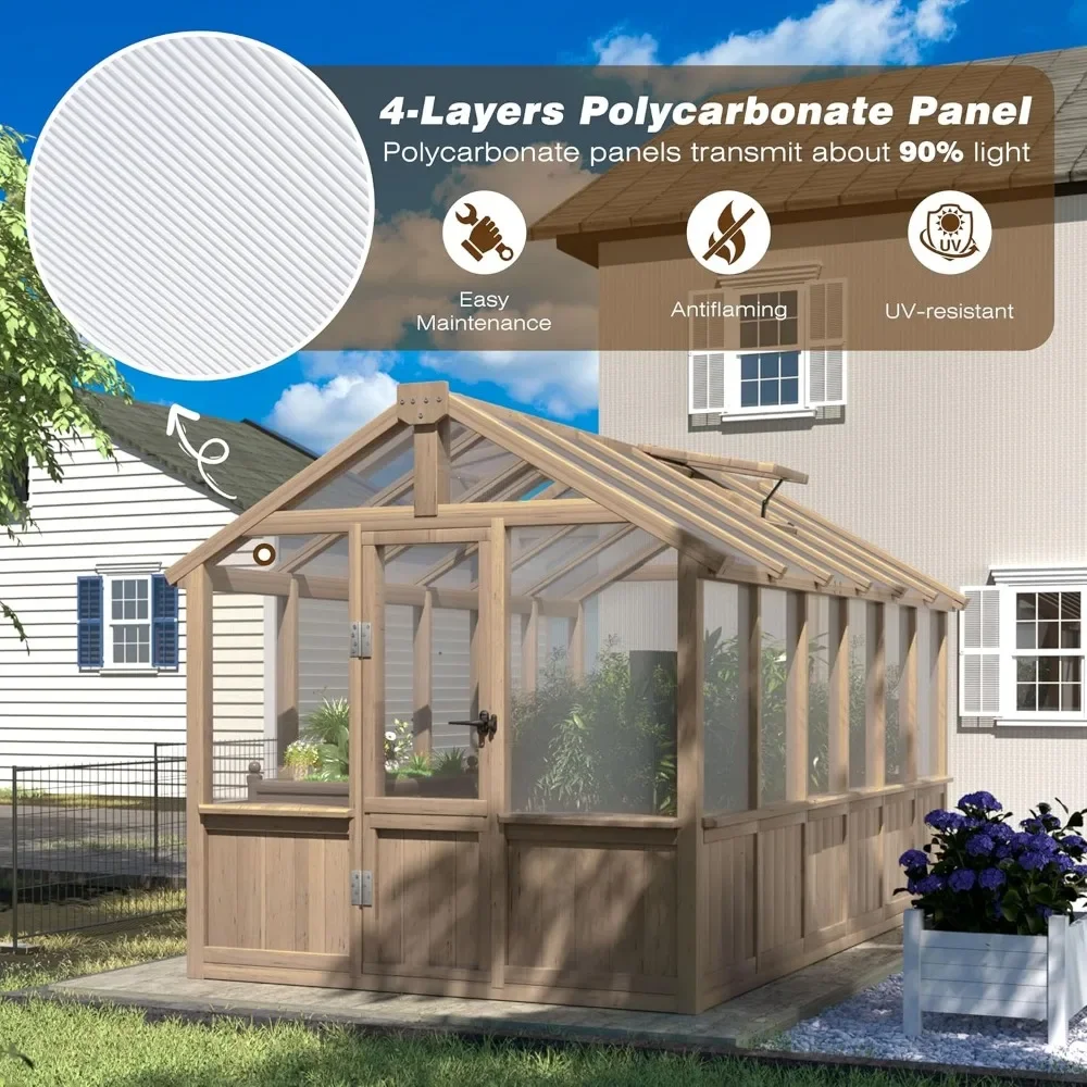 6x12FT Gewächshäuser für den Außenbereich, Holzgewächshaus mit Zederrahmen und verstellbarer Entlüftung, Grünhaus mit 4-lagiger Polycarbonatplatte