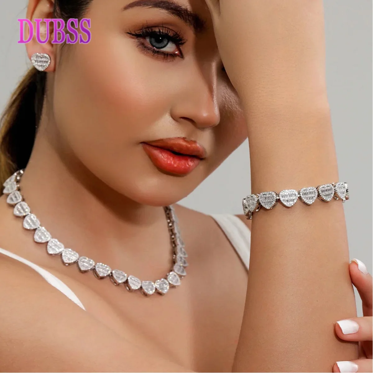 

Dubss Iced Out Heart Bracelets for Women Baguette Prong Setting Bangles Hip Hop Jewelry