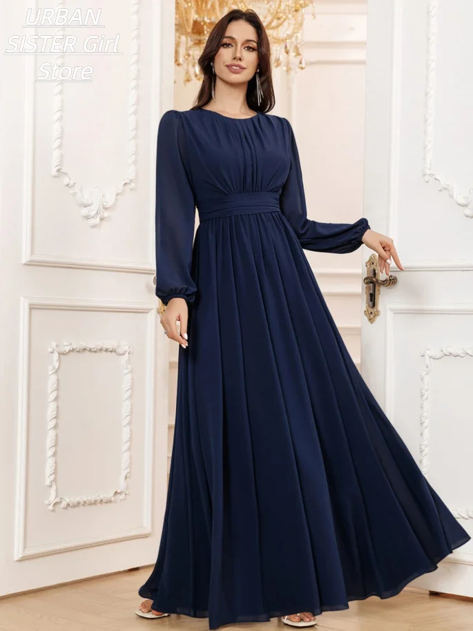 Navy Blue Round-Neck Chiffon Long Dress with Pleated Front, Lantern Sleeves, High-Waist, and Flowing Design, Suitable for Muslim Women, Eid Celebrations, Wedding Guests, and Conservative Evening Wear view 6