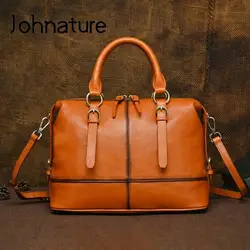 Johnature 2024 nuova borsa di lusso retrò in vera pelle borsa tote da donna di grande capacità borse a tracolla in vera pelle di vacchetta morbida naturale