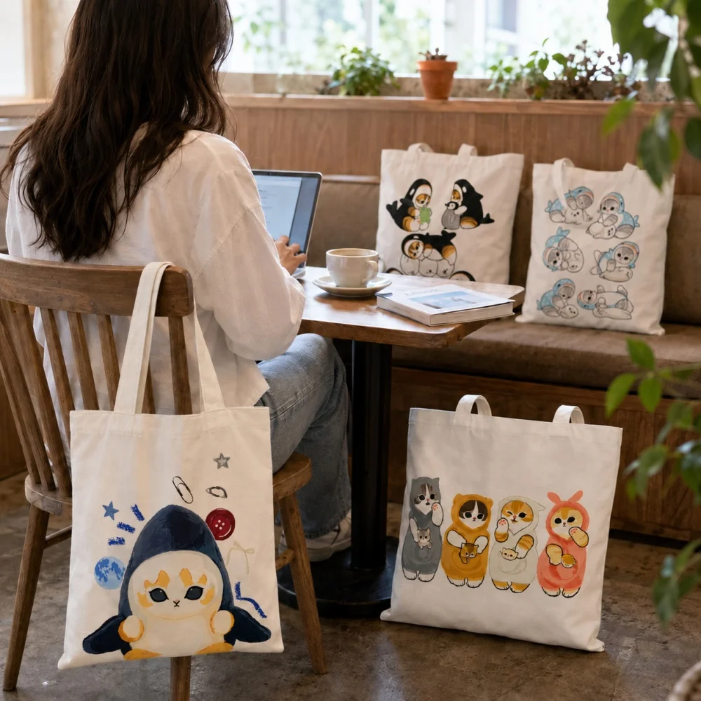 

Mofusand Shark Cat Canvas Shopper Bag Cute Cartoon Eco Bag for School Office Weekend Travel Women Girls Birthday Gifts Toys