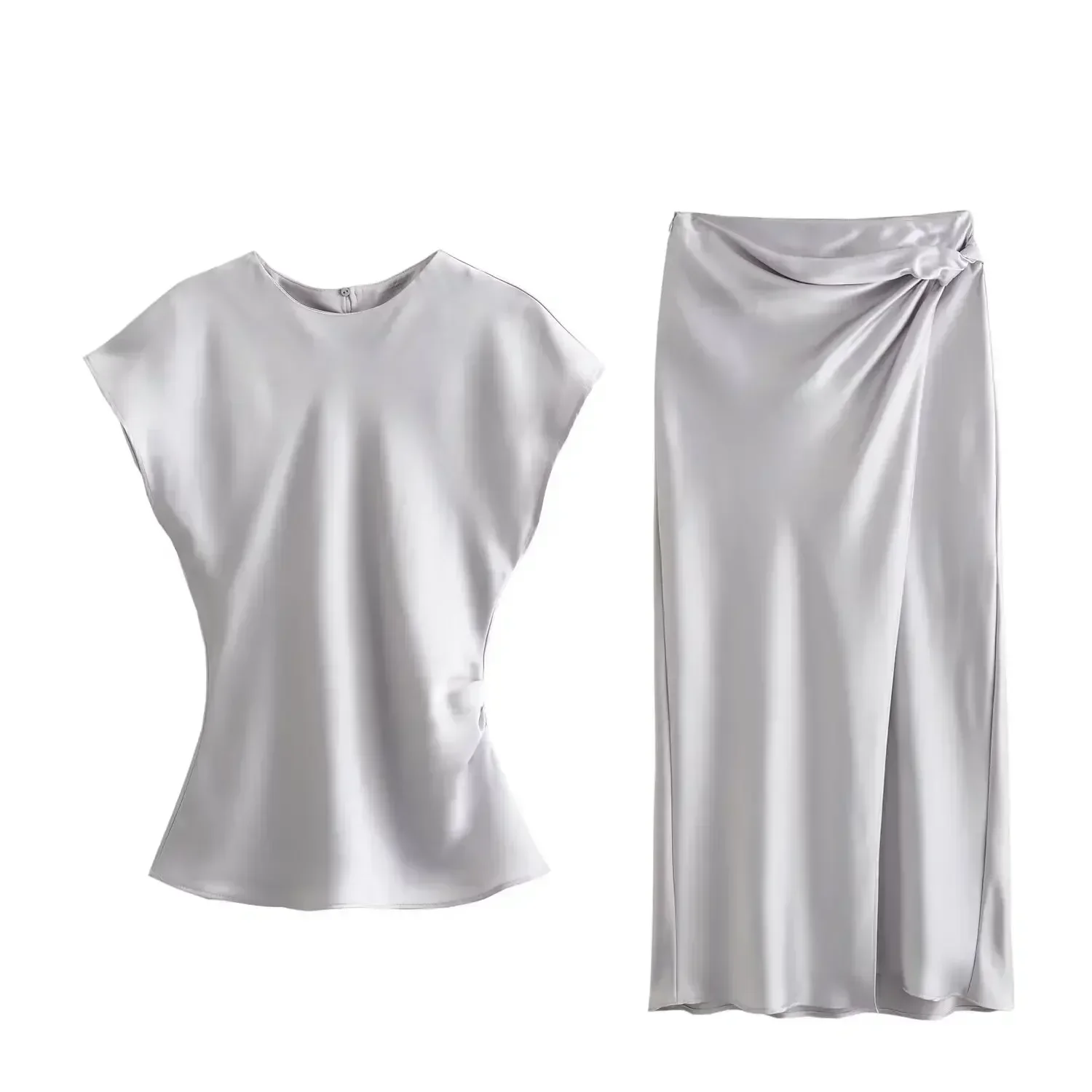 Haut décontracté en satin de soie à col rond pour femme, chemise rétro à manches courtes, chic, décoration plissée, texture à la mode, nouveau