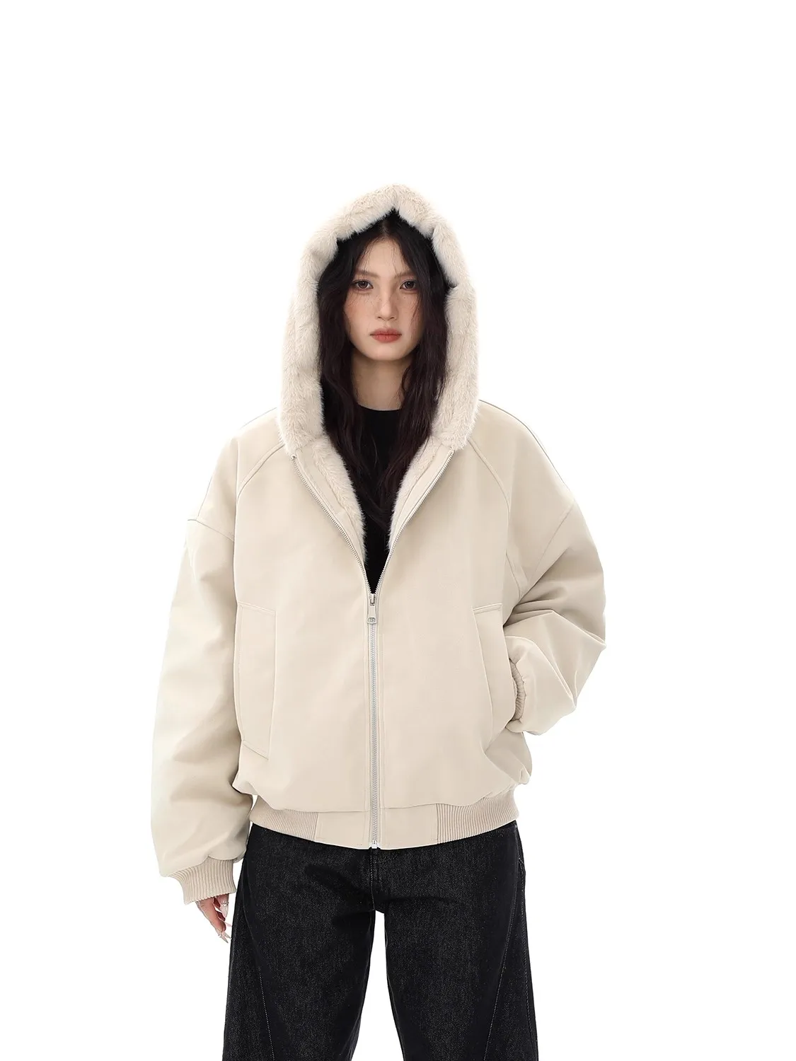 

Men's Winter Thiened Fce Lined Hooded Cotton Jaet PU Leather Cotton Coat Warm Street Sle Loose Fit Zipper Closure