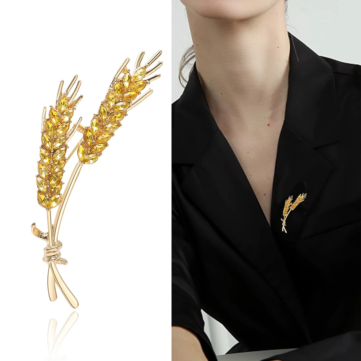 Trendy Rhinestone Wheat Ear Brooch for Women Ukrainian Wheats Pin Enamel Plant Badges Event Party Decoration Clothes Accessories