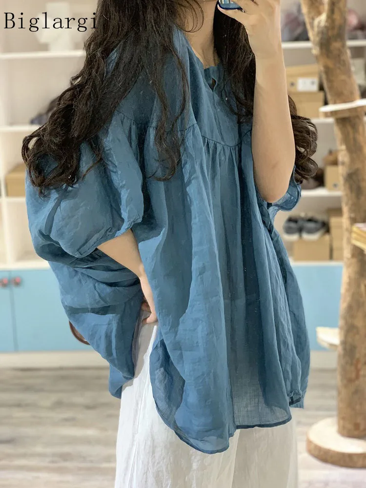 Summer Loose Shirt Women Tops Cotton Linen Pleated Ladies Blouses Casual Fashion Woman Shirt Tops 2023