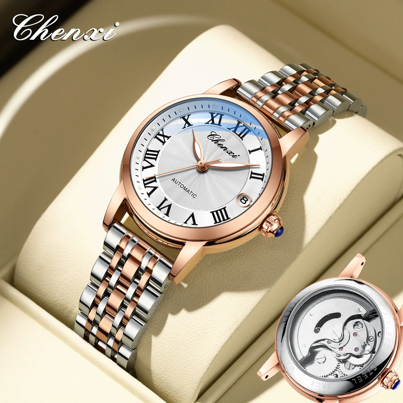 CHENXI 8838 Luxury Women Automatic Mechanical Watches WristWatches Ladies Rose Leather Steel Watch Waterproof Senhoras Assistir