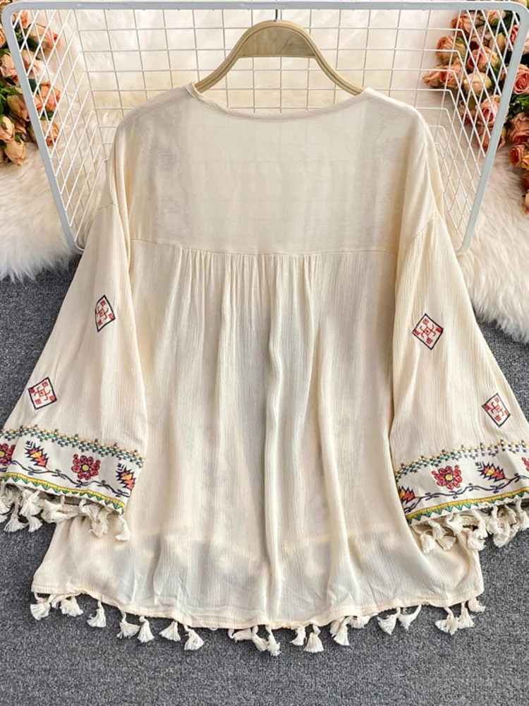 SEDUTMO Summer Bohemian Kimono Women Pareo Beach Cover Up Short Fashion Embroidery Poncho Cardigan Tassel Shirt ED1876