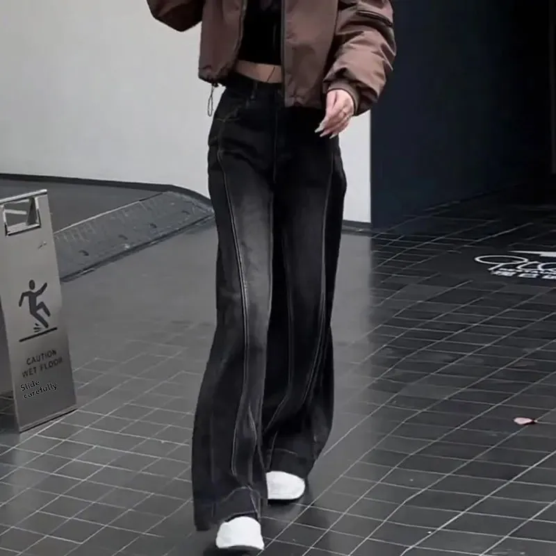 Jean taille haute à jambes larges pour femmes, Style américain, grande taille, nouveau Design Patchwork, pantalon coupe droite, gris noir, printemps