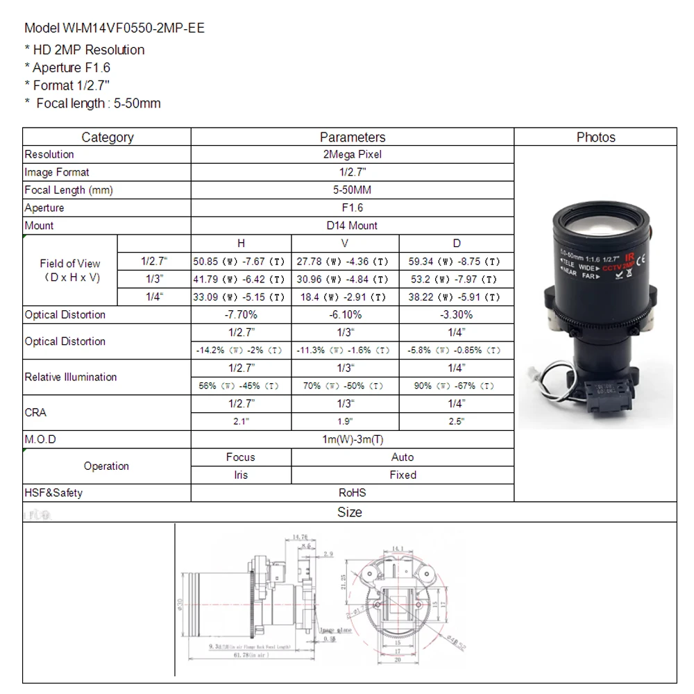 2Megapixel Motor Varifocal Lens 5-50mm D14 DC IRIS Long Distance