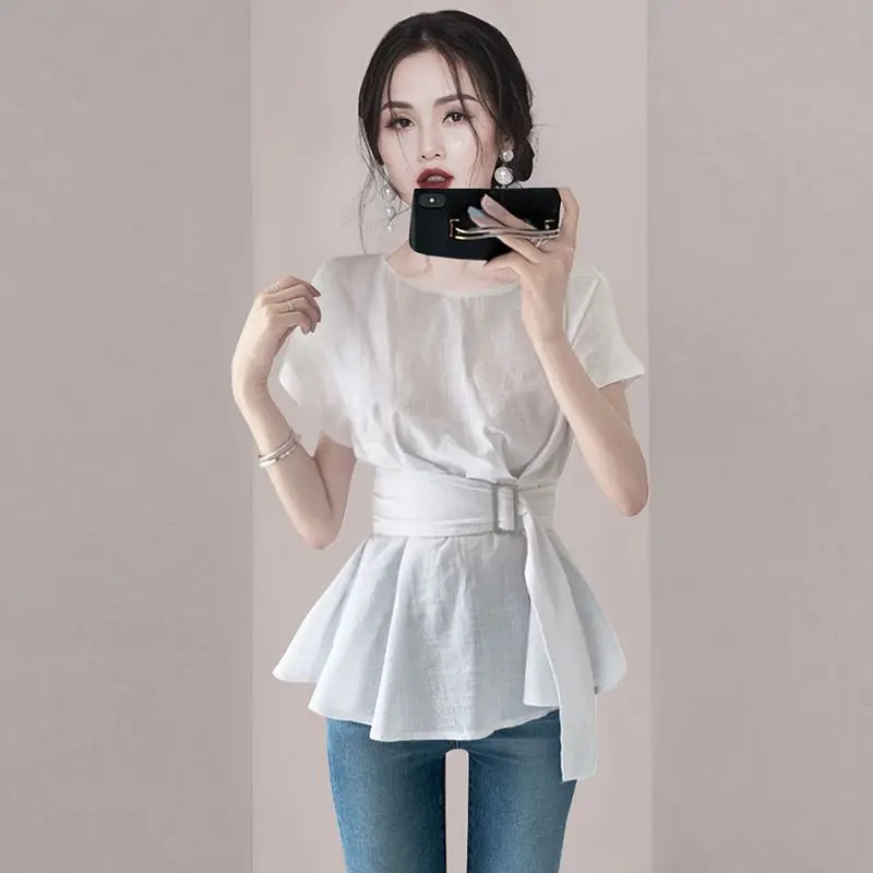 French waistband fitting high-end short sleeved shirt for women 2023 summer versatile and fashionable o neck solid blouse women