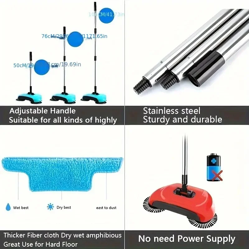 3 In 1 Multifunctional Hand Push Sweeper, Vacuum Cleaner, Hand Push Sweeping And Moping Machine, With 1/2/5/10 Cloth, Cleaning