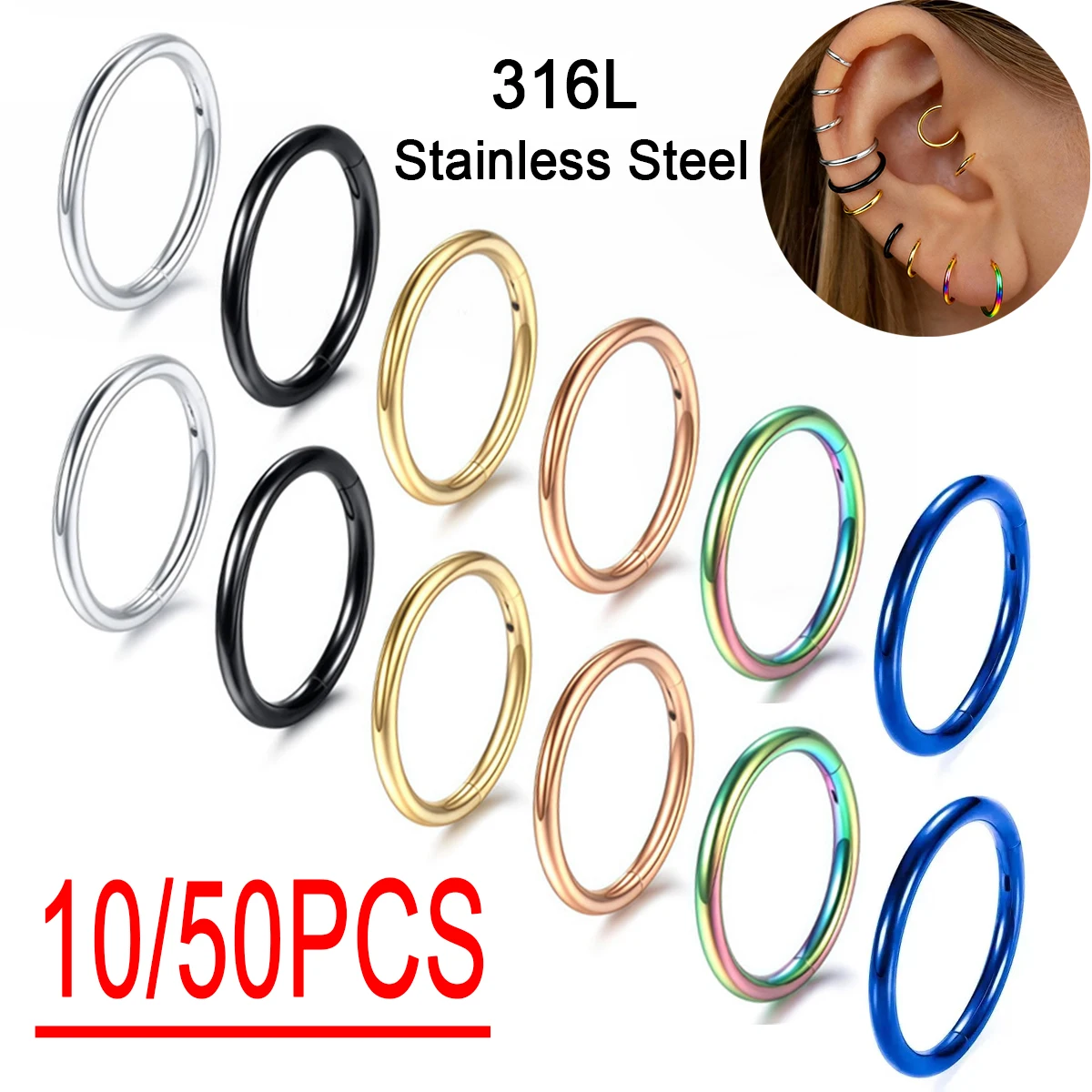 10/50PCS 316L Surgical Steel Nose Septum Clicker Piercing Segment Hinged Ring Nose Lip Ring Earrings Piercing Body Jewelry