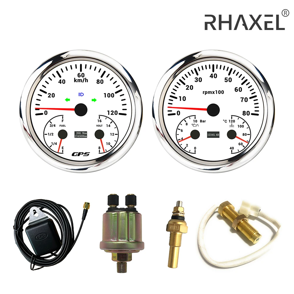 

RHAXEL 110mm 2 Gauge Kit GPS Speedometer 120KM/H Tachometer 8000RPM Fuel Level Water Temp. 40-120℃ Oil Pressure Gauge Voltmeter